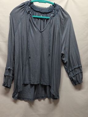 Wonderly Slate Blue Peasant Blouse with Tie Neck